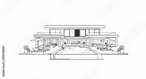 Modern villa with swimming pool and outdoor lounge area