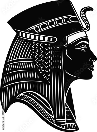 Profile of an ancient Egyptian pharaoh wearing a nemes headdress with cobra