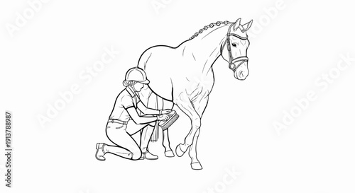 Rider in helmet brushes horse's leg while kneeling