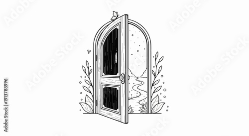 Open door reveals whimsical landscape with swirling path and starry sky