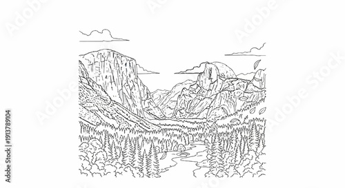 Majestic valley with towering granite cliffs, river, and dense forest