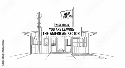 Monochrome illustration of a border crossing checkpoint