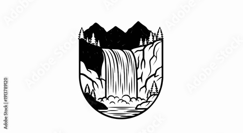 Majestic waterfall cascading down rocky cliffs, surrounded by pine trees and mountains