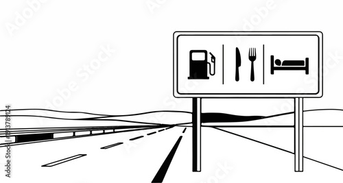 Roadside services sign with gas, food, and lodging icons next to a highway