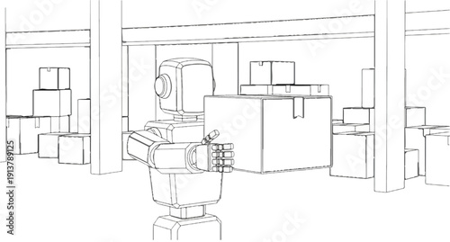 Robot arm lifting a box in a warehouse aisle with stacked goods