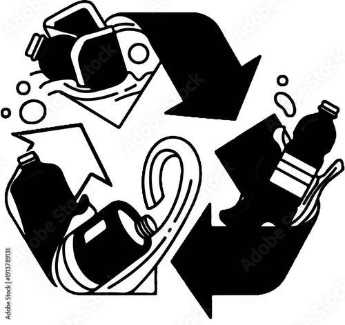 Recycling symbol with plastic bottles and debris