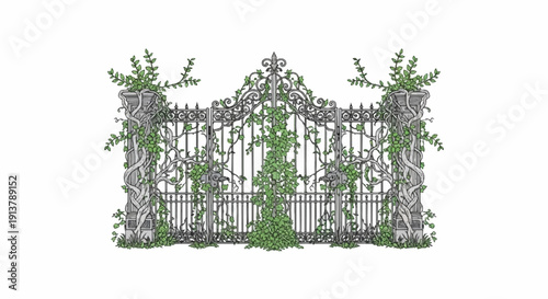 Ornate wrought iron gate entwined with lush green vines and foliage