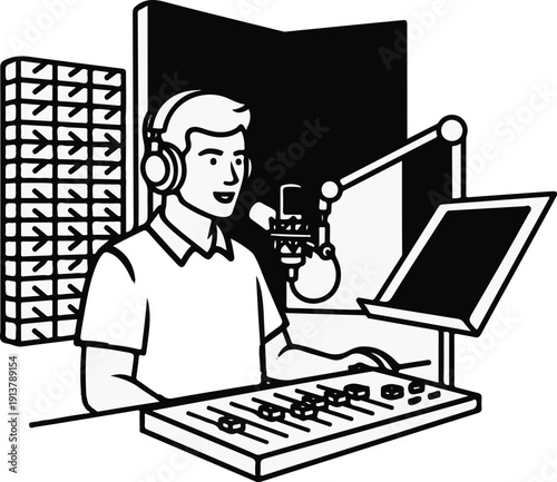 Male radio host in sound booth with headphones, microphone, and mixing board