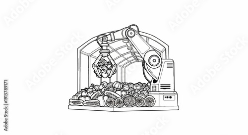 Robotic arm harvesting ripe fruit and vegetables in a futuristic greenhouse