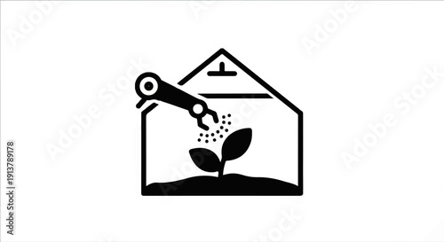 Robotic arm tending to a plant in a greenhouse environment