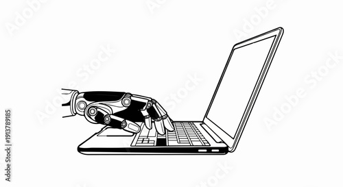 Robotic arm typing on an open laptop
