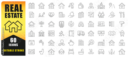 Real Estate Line Icon Set Featuring Property, Home, Sale, Rent, Mortgage, Construction, And Investment Symbols. Perfect For Web, Apps, Marketing, And Real Estate Design Projects. Isolated Vector Icons