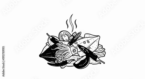 Monochrome illustration of a steaming plate of fried squid and vegetables