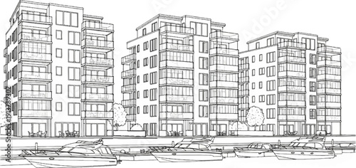 Line art sketch of modern apartment buildings with balconies and moored boats