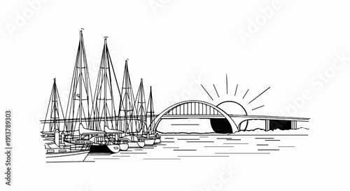 Sailboats docked by a bridge with the sun rising