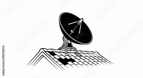 Satellite dish mounted on a tiled rooftop under a blank sky