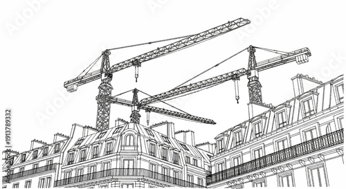 Line art sketch of multiple tower cranes above a row of Parisian-style buildings