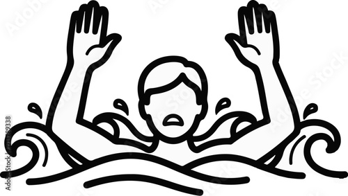 Man in distress struggling in water with arms raised calling for help