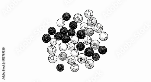 Scattered assortment of monochrome peppercorns
