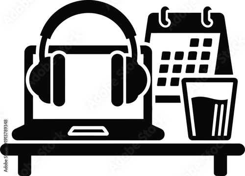Tableau sur toile Workspace icon featuring a laptop with headphones a calendar and a drink glass on a desk for remote work and online education concepts