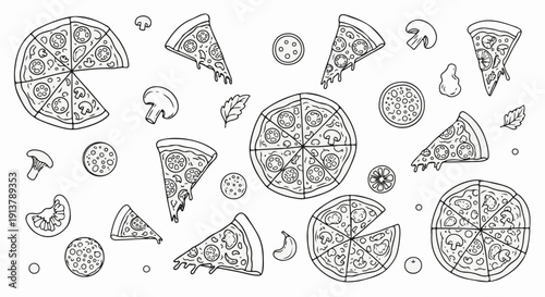 Scattered black and white line art of pizza slices, whole pizzas, mushrooms, and leaves