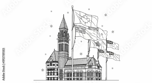 Line drawing of a castle-like building with multiple flags and snowflakes