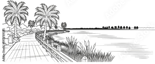 Scenic boardwalk with palm trees and a tranquil lake in a black and white illustration