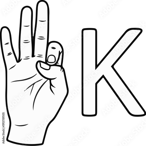 Line drawing of a hand with three fingers raised and the letter K