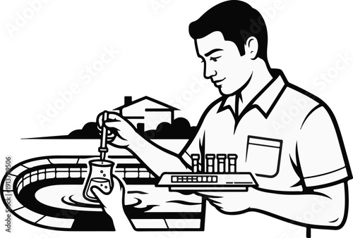 Scientist performs water analysis outdoors with equipment