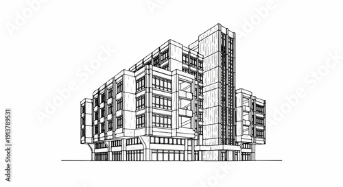 Line drawing of a modern multi-story building with varied architectural sections