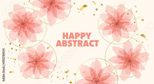 Soft pink translucent floral vector illustration with golden confetti and abstract text on a light cream background, perfect for spring banners or social media graphics.