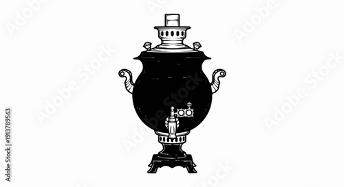 Ornate antique samovar with handles and spigot, black ink sketch