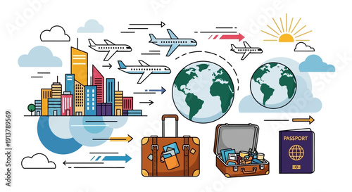 Vector illustration depicting global travel logistics with airplanes, city skyline, world maps, luggage, and a passport, isolated on transparent background.