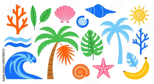 Vibrant vector collection of tropical island elements including green palm trees, blue ocean waves, orange coral, pink starfish, and yellow sun isolated on transparent background.
