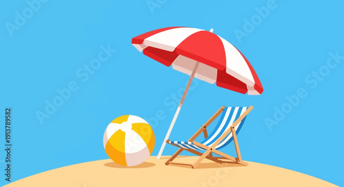 Vector illustration of a red and white striped beach umbrella, a yellow and white beach ball, and a wooden deck chair on a sandy island, isolated on a light blue background.