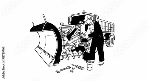 Person servicing a snow-plowing truck with auger and large plow