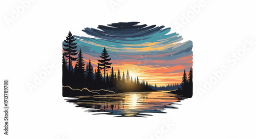 Serene forest landscape with a vibrant sunset over a reflective lake