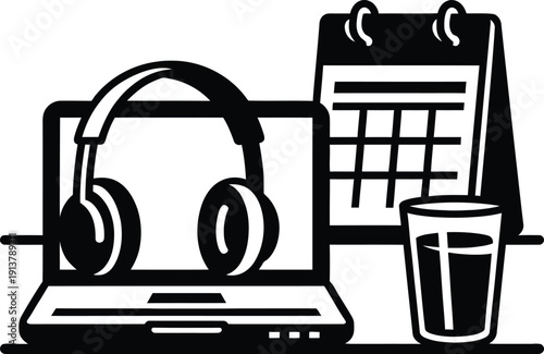 Modern office desk scene featuring open laptop with headphones and monthly calendar near drinking glass vector illustration.