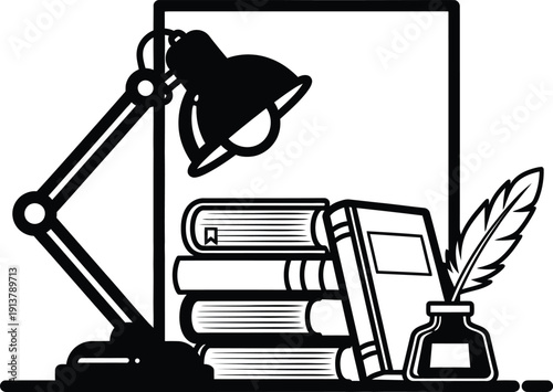 Vintage writing setup featuring articulated desk lamp with stack of books and quill inkwell black and white vector illustration.