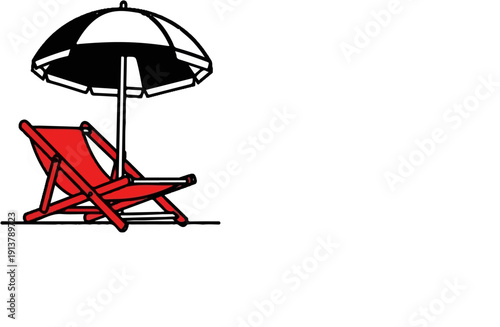 Red deck chair with black and white striped umbrella on white background