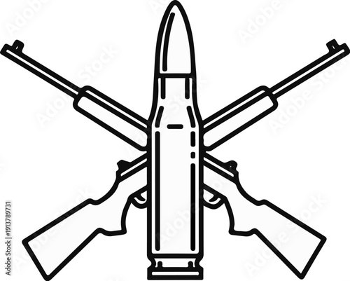 Outline of a large bullet centrally placed with two rifles crossed behind it