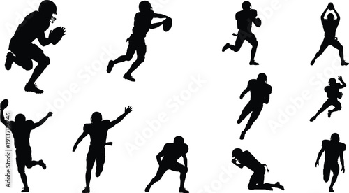 American football silhouettes collection, players running, catching and throwing ball in dynamic action poses, sports vector illustration isolated on white