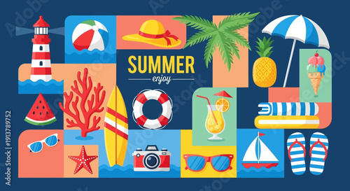 Vector summer vacation flat illustration with lighthouse, beach ball, straw hat, palm leaf, pineapple, ice cream, watermelon, coral, surfboard, lifebuoy, cocktail, sunglasses, sailboat