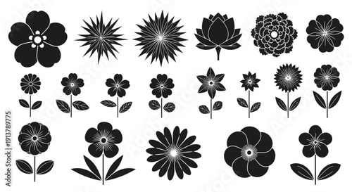 A collection of 24 diverse black silhouette flower vector icons, featuring various petal shapes and stem designs, isolated on a transparent background for graphic resources.