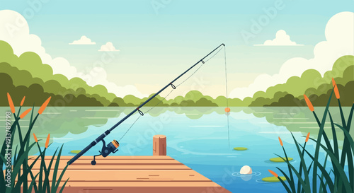 Serene lake scene with fishing rod on wooden dock, calm water, and lush green hills