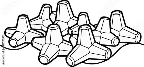 Many geometric breakwaters line the water's edge, creating a barrier