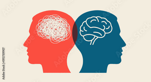 Vector illustration depicting two contrasting human head silhouettes, one red with a tangled brain representing anxiety, and one blue with a clear brain outline