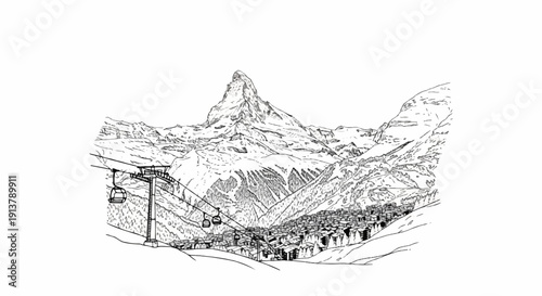 Mountain village with ski lift against a backdrop of a majestic peak