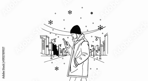 Person using phone in snowy city street with building outlines and streetlights