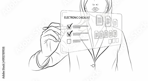 Person using stylus on transparent screen with electronic checklist and documents